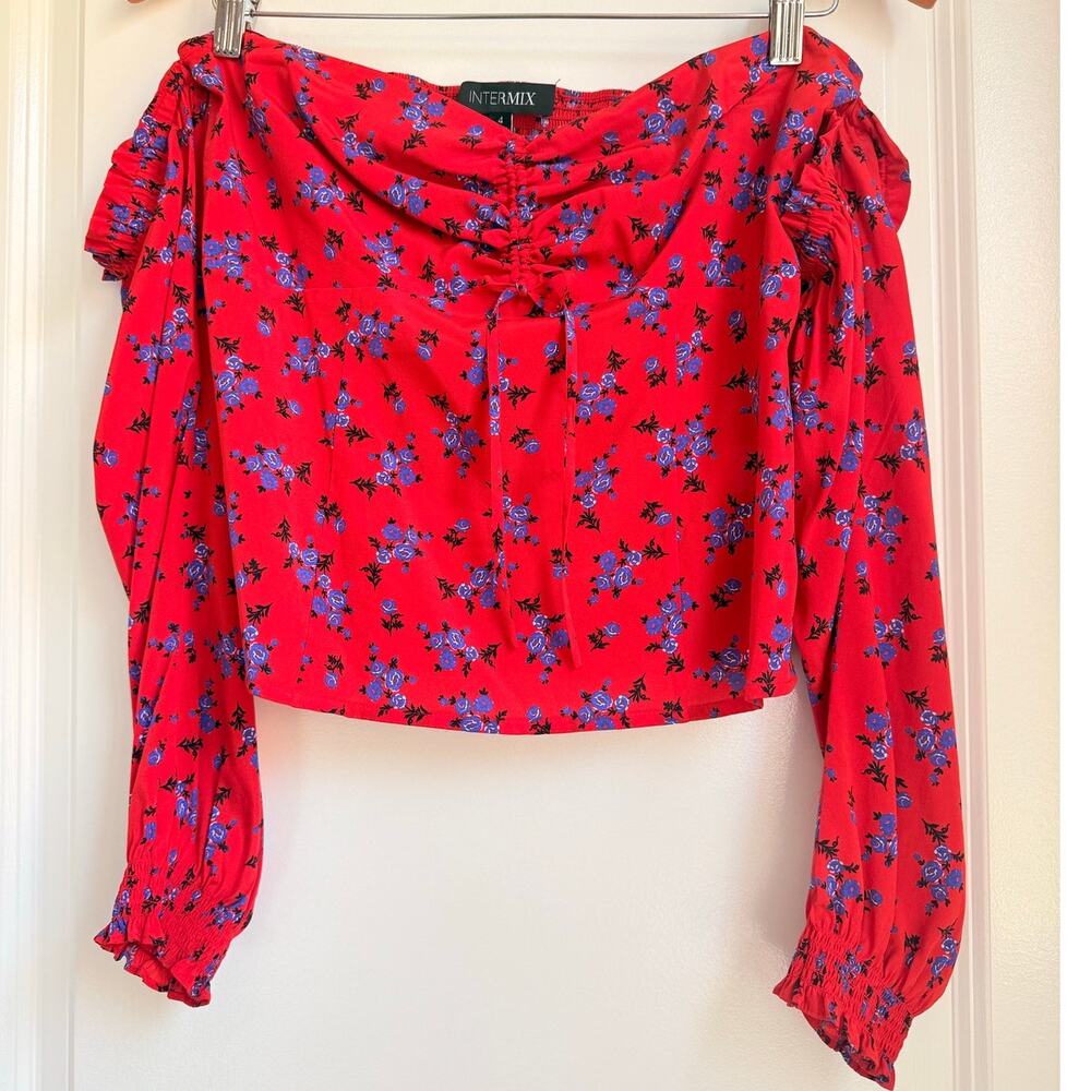 INTERMIX 100% Silk Nicola Off Shoulder Top US 4 Night Out Date Floral Romantic
